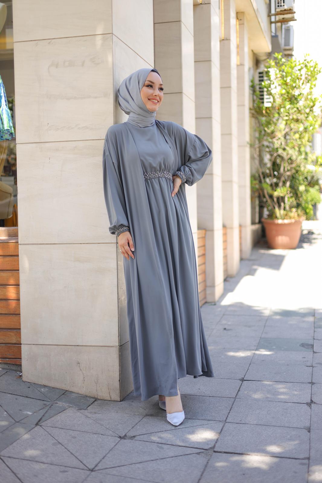 KRİSTAL EL DİKME İKİLİ ELBİSE ABAYA TAKIM