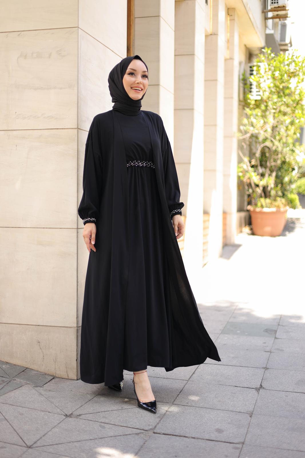 KRİSTAL EL DİKME İKİLİ ELBİSE ABAYA TAKIM